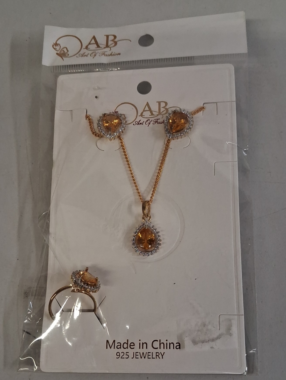 NWT Gold-Tone Amber Teardrop Jewelry Set - Necklace, Earrings & Ring